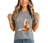Fox Butterfly Watercolor Womens Graphic T-Shirt Woodland Animals Ladies Tee Nature Design
