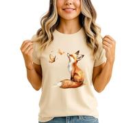 Fox Butterfly Watercolor Womens Graphic T-Shirt Woodland Animals Ladies Tee Nature Design
