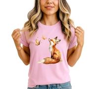 Fox Butterfly Watercolor Womens Graphic T-Shirt Woodland Animals Ladies Tee Nature Design