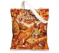 Fox Canvas Tote Bag for Women, Autumn Nature Squirrel Hedgehog Fall Orange Washable Reusable Everyday Tote Bags Ideas for Family Friends Colleagues Reading Loves 13x15 Inch