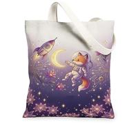 Fox Canvas Tote Bag for Women, Fanciful Space Rocket Moon Violet Washable Reusable Small Tote Bags Ideas for Travel Work Shopping Bookstore 13x15 Inch
