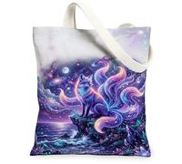 Fox Canvas Tote Bag for Women, Fantasy Fanciful Galaxy Ocean Summer Violet Washable Reusable Aesthetic Tote Bags for Shopping Brunch Park Library Day Trips 13x15 Inch