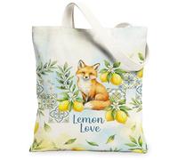 Fox Canvas Tote Bag for Women, Spring Fanciful Lemon Flower Spring Yellow Washable Reusable Grocery Bags Ideas for Family F, Yellow, 13x15 Inch