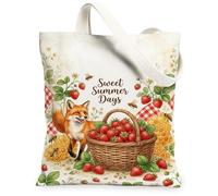 Fox Canvas Tote Bag for Women, Summer Fanciful Strawberries Honeycomb Summer Red Washable Reusable Small Tote Bag for Shopp, Red, 13x15 Inch