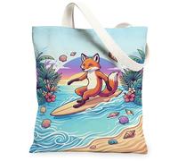 Fox Canvas Tote Bag for Women, Summer Tropical Surfboard Waves Summer Blue Washable Reusable Market Tote Bags Ideas for Tra, Blue, 13x15 Inch