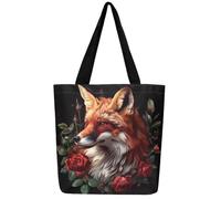 Fox Canvas Tote Bag for Women,Vintage Red Rose Large Capacity Gym Bag Romantic Flowers Shoulder Bag for Women Woodland Wild Animals Casual Reusable Handbag for Women