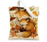 Fox Canvas Tote Bags, Cute Fox Design Reusable Grocery Bags, Nature Themed Lightweight Washable Shoulder Strap Canvas Bags for Gym Outdoor Travel Beach Picnic 13x15 Inch