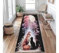 Fox Cat Hallway Runner Rug 80 x 300 cm Long Washable, Cherry Blossoms Carpet Runner Rugs Non Slip, Kitchen Entryway Hall Bedroom Decor, Soft Low Pile iJ&B150