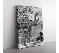 Fox Catching A Bird By Kawanabe Kyosai Asian Japanese Canvas Wall Art Print Ready to Hang, Framed Picture for Living Room Bedroom Home Office Décor, 50x35 cm (20x14 Inch)