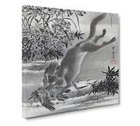 Fox Catching a Bird by Kawanabe Kyosai Asian Japanese Canvas Wall Art Print Ready to Hang, Framed Picture for Living Room Bedroom Home Office Décor, 20x20 Inch (50x50 cm)