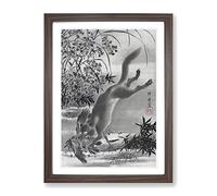 Fox Catching A Bird By Kawanabe Kyosai Asian Japanese Framed Print | A2 Walnut Framed Wall Art | Ready to Hang | Asian Animal Picture | Living Room Bedroom Lounge Office