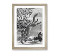 Fox Catching A Bird By Kawanabe Kyosai Asian Japanese Framed Print | A4 Oak Framed Wall Art | Ready to Hang | Asian Animal Picture | Living Room Bedroom Lounge Office