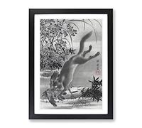 Fox Catching A Bird By Kawanabe Kyosai Asian Japanese Framed Wall Art Print, Ready to Hang Picture for Living Room Bedroom Home Office Décor, Black A4 (34 x 25 cm)