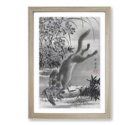 Fox Catching a Bird by Kawanabe Kyosai Framed Print | A2 Oak Framed Wall Art | Ready to Hang | Modern Animal Picture | Living Room Bedroom Lounge Office