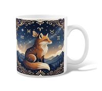Fox Ceramic Coffee Mug, Fanciful Nature Butterfly Mountains Astrological Navy Blue Novelty Hot Chocolate Mug with Handle Ideal for Friends Family Lovers Eldership Senior Co-Worker 11 Oz
