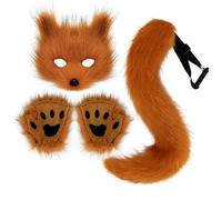 Fox Costume 1 Set Realistic Plush Cat Mask Tail Paws Set Furry Fox Masks Therian Gear Includes Mask, Tail and Claw Gloves Cosplay Costumes for Women Halloween Party Props (Red)