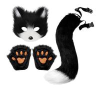 Fox Costume 1 Set Realistic Plush Cat Mask Tail Paws Set Furry Fox Masks Therian Gear Includes Mask, Tail and Claw Gloves Cosplay Costumes for Women Halloween Party Props (Silver)