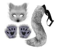 Fox Costume 1 Set Realistic Plush Cat Mask Tail Paws Set Furry Fox Masks Therian Gear Includes Mask, Tail and Claw Gloves Cosplay Costumes for Women Halloween Party Props (Dark Gray)