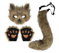 Fox Costume 1 Set Realistic Plush Cat Mask Tail Paws Set Furry Fox Masks Therian Gear Includes Mask, Tail and Claw Gloves Cosplay Costumes for Women Halloween Party Props (Khaki)