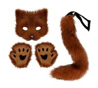 Fox Costume Halloween Therian Mask, Tail and Furry Paws Plush Mask Fluffy Paw Gloves and Tails Cosplay Costumes for Women Halloween Dress up Party Red Brown Fox Tail Furry Mask Fox Mask Therian Mask a