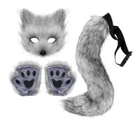 Fox Costume Halloween Therian Mask, Tail and Furry Paws Plush Mask Fluffy Paw Gloves and Tails Cosplay Costumes for Women Halloween Dress up Party Dark Grey Fox Tail Furry Mask Fox Mask Therian Mask a