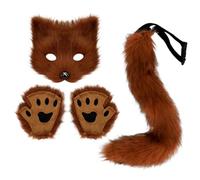 Fox Costume Halloween Therian Mask, Tail And Furry Paws Plush Mask Fluffy Paw Gloves And Tails Cosplay Costumes for Women Halloween Dress Up Party Red Brown Therian Mask And Tail Fox Tail Fox Mask