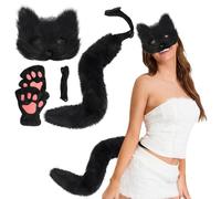 Fox Costume Sets, Halloween Furry Fox Mask and Fox Tail & Paws Gloves Plush Fluffy Cat Wolf Furry Costume with Mask, Tail & Gloves Animal Costume for Cosplay Party Halloween Masquerade (Black)