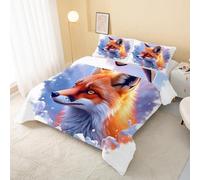 Fox Coverless Duvet Single 7.5 Tog, Animal Soft Hypoallergenic Quilt for Kids Boys Girls, Blue Orange Lightweight Comforter Set for All Seasons, Easy Care Bedding Single Bed Size R&82
