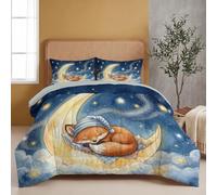 Fox Crescent Moon Clouds Coverless Double Duvet Set 3 Pieces Gentle Watercolor Fairy Tale | 200x200cm All Seasons Reversible Comforter with 2 Pillowcases, Soft Washable Bed Cover Bedding, Deep Blue