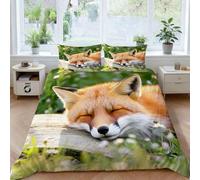 Fox Double Duvet Cover Set 3D Print Green Grass Bedding Double Bed Set Ultra Soft Microfiber Quilt Cover 200x200 cm with 2 Pillowcases 50x75 cm with Zipper for Bedroom D-415
