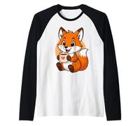 Fox Drinking Coffee Graphic Fox Kawaii Anime Raglan Baseball Tee