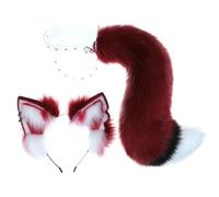 Fox Ears And Tail Set,Wolf Ears And Tail Plush Fabric Wine Red With Built-In Skeleton Cosplay Headwear Fox Costume Fox Ears And Tail Set for Lolita, Halloween, Christmas Party
