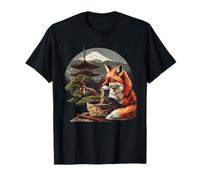 Fox Eating Ramen Mount Fuji Pagoda Tower Sakura Tree Artwork T-Shirt