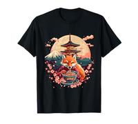 Fox Eating Ramen Mount Fuji Pagoda Tower Sakura Tree Artwork T-Shirt