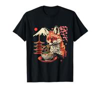 Fox Eating Ramen Pagoda Tower Sakura Tree Artwork Mount Fuji T-Shirt