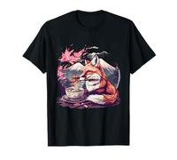 Fox Eating Ramen Pagoda Tower Sakura Tree Artwork Mount Fuji T-Shirt