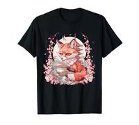Fox Eating Ramen Sakura Flowers Pagoda Tower Fox Noodle Art T-Shirt