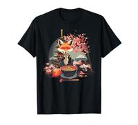 Fox Eating Ramen Sakura Tree Mount Fuji Pagoda Tower Artwork T-Shirt