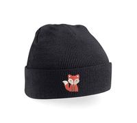 Fox Embroidered Beanie Hat for Kids | Animal Theme Winter Warm Knit Cap Black