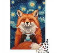 Fox Enjoying Coffee Under Starry Night 1000 Piece Jigsaw Puzzle, 38x26cm/1000pcs, for Adults, White Cardboard Pieces, Screen-Free Leisure And Time at Home