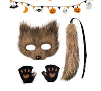 Fox Face Cover and Tail - Adjustable Halloween Outfit - Cat Face Cover Paw Gloves Cosplay Costume - for Party Celebration Event Masquerade Convention Carnival Holiday Adults Teens