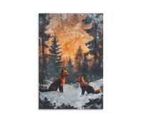 Fox Family 3D Modern Canvas Wall Art Nordic Forest Pictures Printing Poster Paintings Wall Decor for Bedroom Living Room Bathroom Office Ready to Hang 20x30inch(50x75cm)