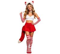 Fox Faux Fur Tail Cat Ears Headband Cosplay Costume Accessory Set 5 Pcs | Ears Headband with Bell, Fluffy Tail, Choker, Striped Stockings & Gloves Gifts for Halloween Christmas Fancy Dress Party