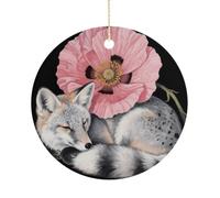 Fox Flower on Black Background Ceramic Christmas Ornaments with Gold String - Personalized Double-Sided 2.9 Inch Xmas Tree Decorations, Rustic Winter Hanging Ornaments for Holiday Party Gift