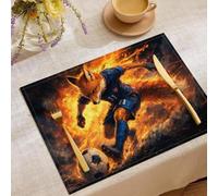 Fox Football Fire Placemats Set Of 4, Rectangular Non-Slip Heat Resistant Orange Color Table Mats, Washable Fantasy Sports Style Placemat for Party Kitchen Dining Table Decoration 45x30cm