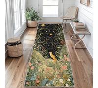 Fox Hallway Runner Rug 80 x 250 cm Long Washable, Starry Sky Floral Plant Carpet Runner Rugs Non Slip, Kitchen Entryway Hall Bedroom Decor, Soft Low Pile iJ&B162