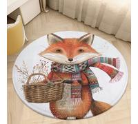 Fox Holding Basket Area Rug Washable Circle Carpet Non-Slip Round Floor Rug Small Low Pile Waterproof Print Door Mat Pad Decor for Bedroom Living Room Bathroom Kitchen 80 * 80cm