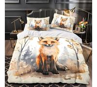 Fox illustration 3D Pattern Duvet Cover Set 3pcs Microfibre Lightweight Concealed Watercolor forest scene Duvet Insert Cover 2 Pillowcases Skin-Friendly Home Decor Kids & Girls Double（200x200cm）