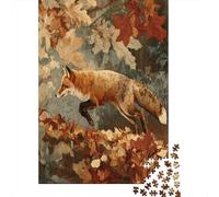 Fox in Autumn Forest with Fallen Leaves,Puzzles Vintage Painting Style Gemusterte Nachhaltige Puzzles Für Erwachsene Hochwertige Holzspielpuzzles 70x50cm/1000pcs