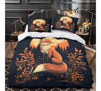 Fox in forest 3D Print 3-Piece Bed Cover Night wildlife illustration Comforter Cover Set Silky Soft Microfiber Concealed Zipper Anti-Fungal for Toddlers Kids Young Adults Super king（260x220cm）
